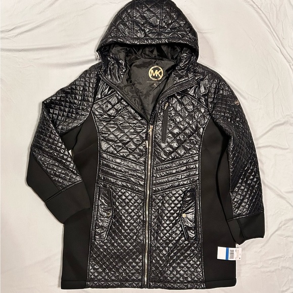 Women’s Michael Kors Puffer Jacket Bubble Moto Coat, Black, Hooded - Picture 1 of 6